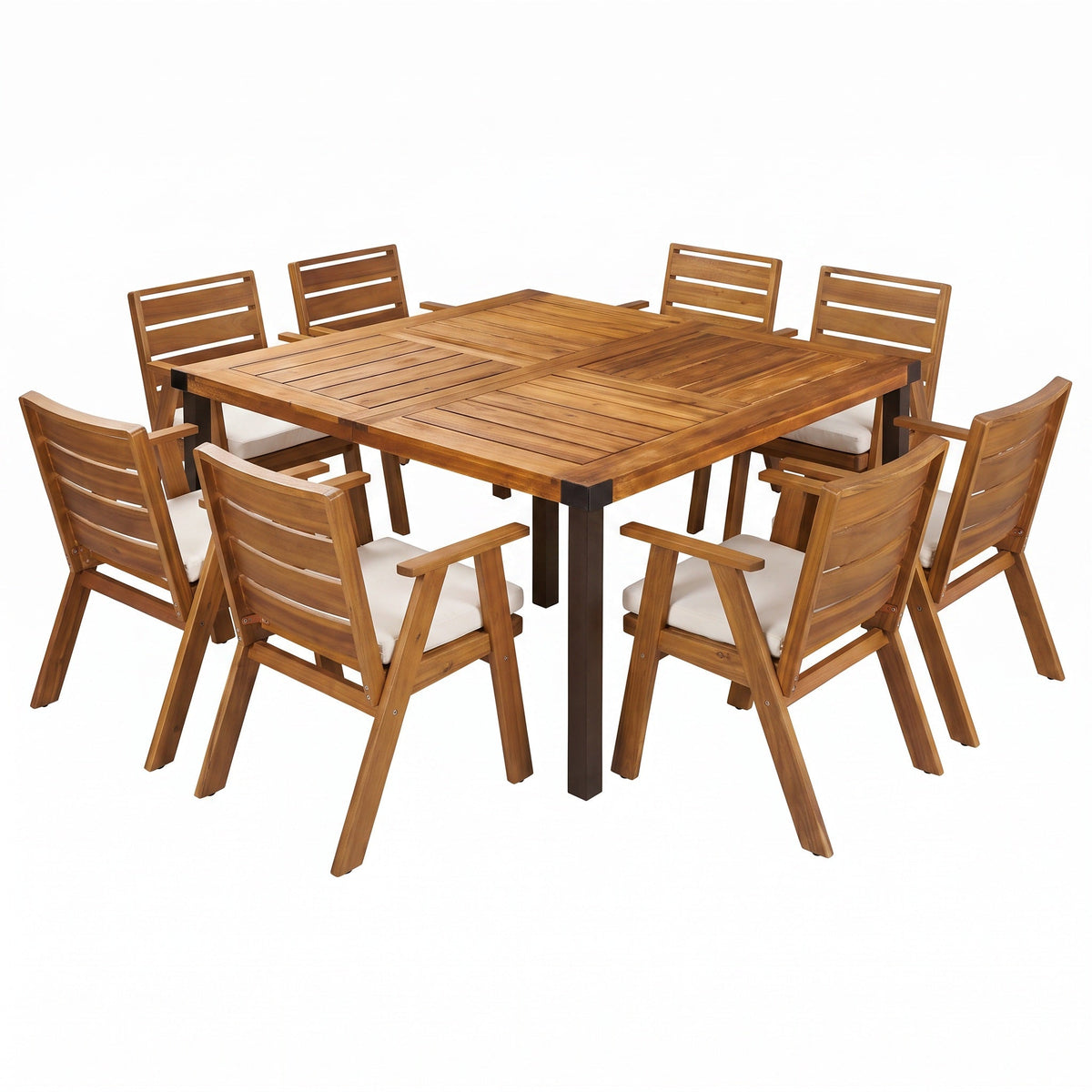 9‑Piece Acacia Wood Outdoor Dining Set, 64" Square Teak Finish Wooden Table & 8 Arm Chairs with, photo 3 of 10