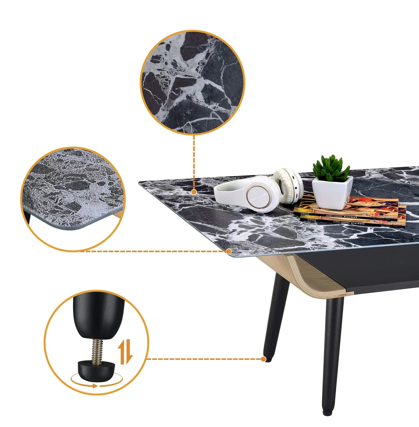 Landon - Coffee Table With Glass Marble Texture Top And Bent Wood Design by HouseOfZazla