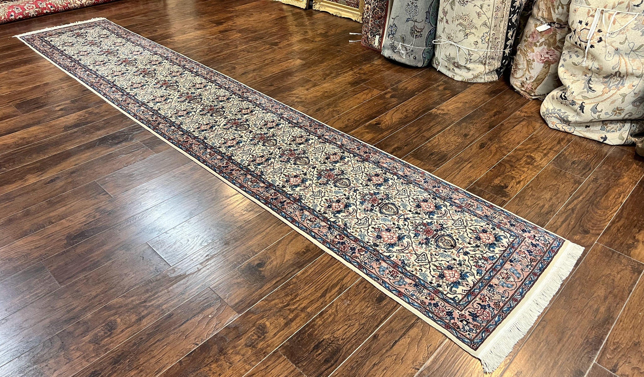Sino Persian Runner Rug 2.8 x 14, Hand Knotted Vintage Oriental Hallway Rug, 14ft Runner, Cream, Floral, Wool by Jewel Rugs