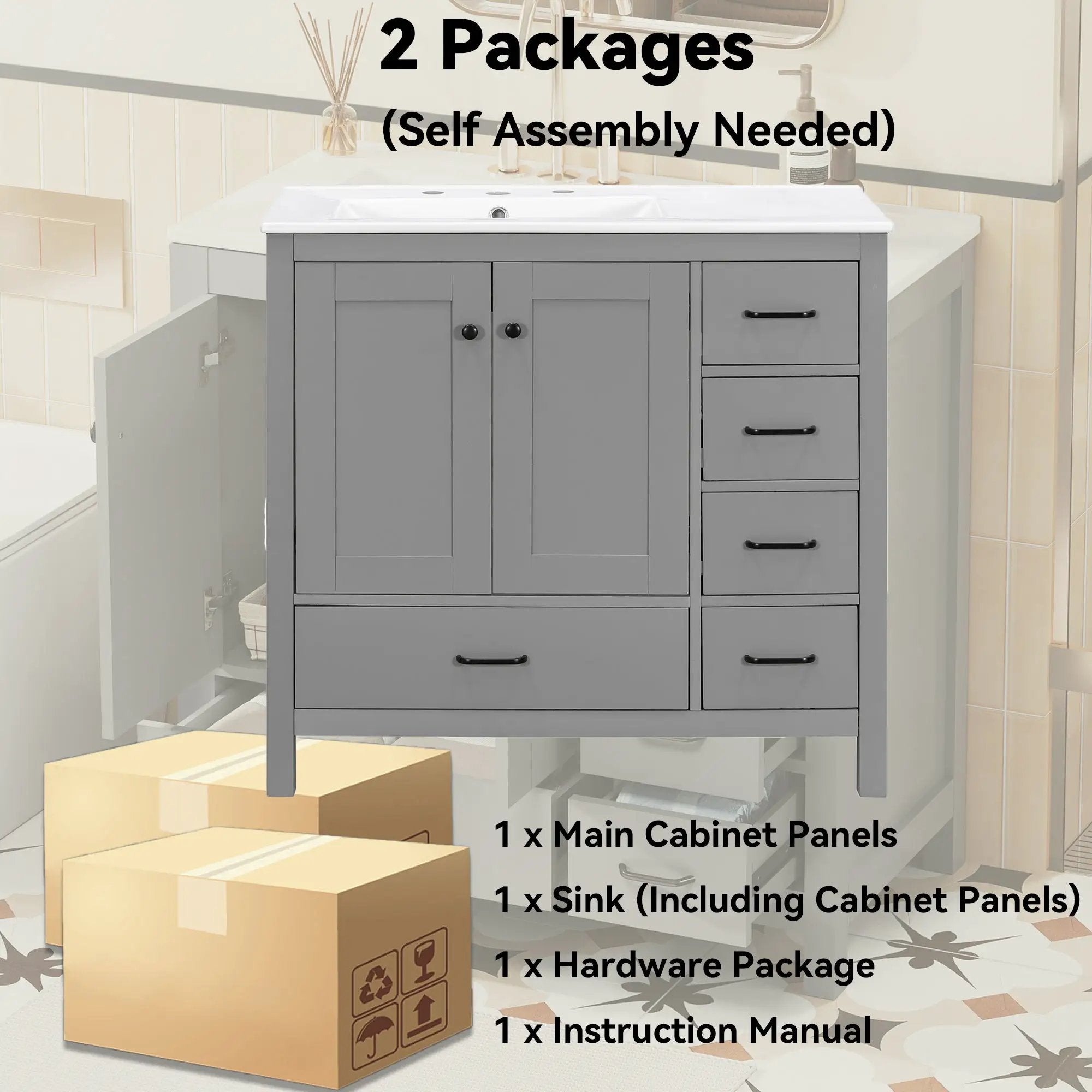 36" Gray Bathroom Vanity with Ceramic Sink Combo by HouseOfZazla