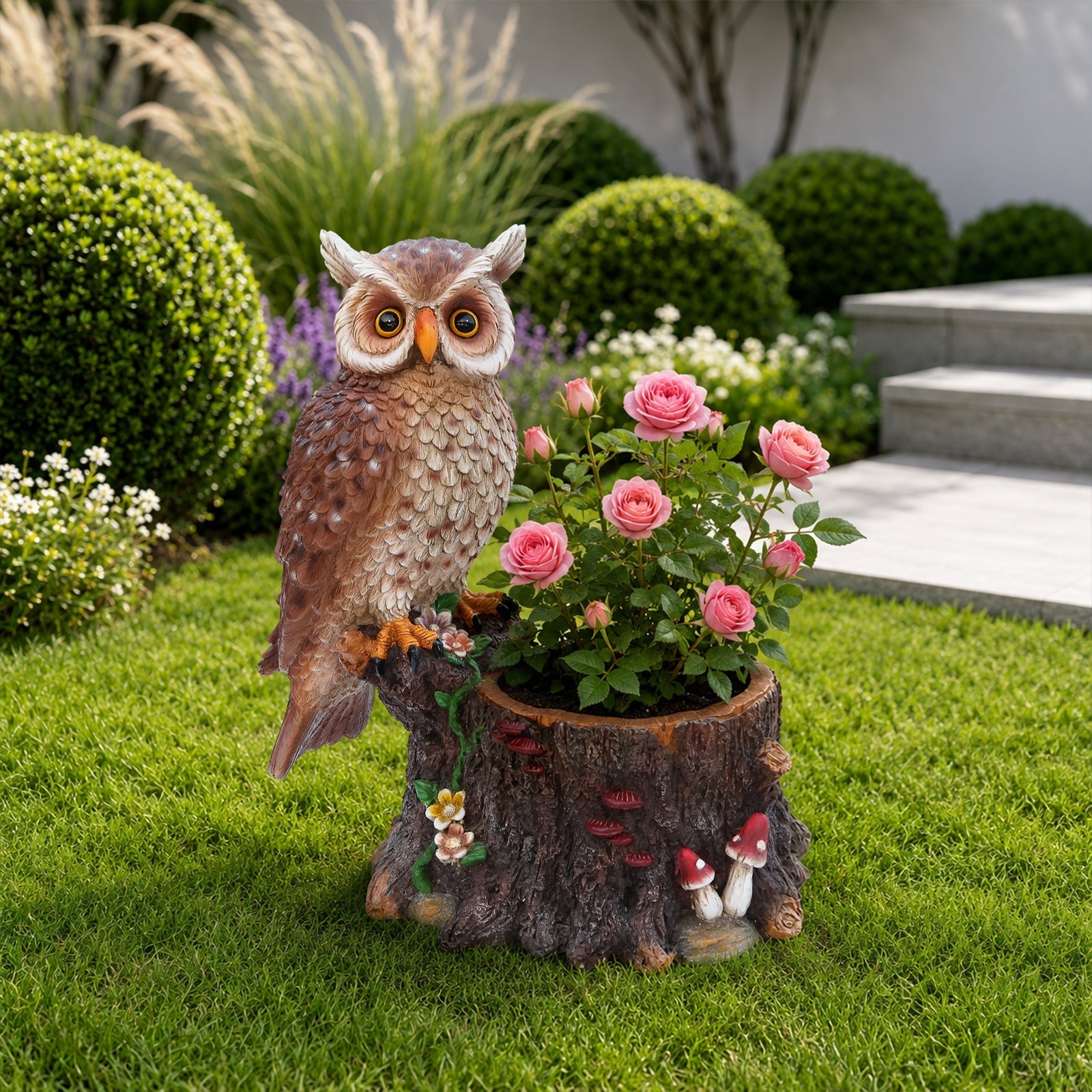 Sitting Owl with Tree Trunk Garden Planter by HouseOfZazla