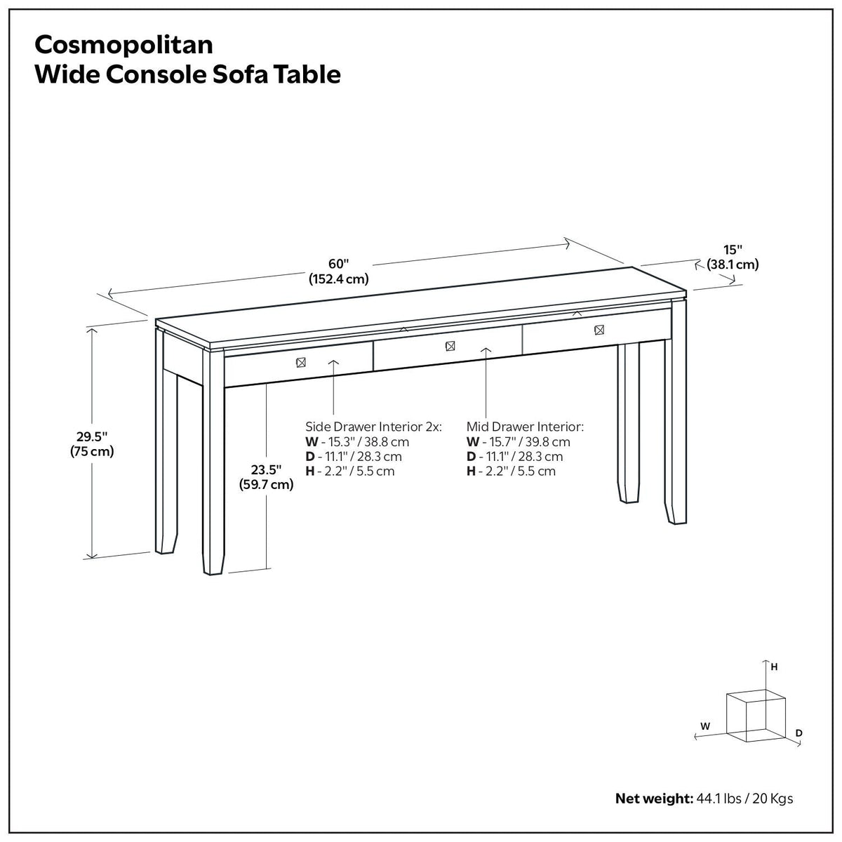 Cosmopolitan Wide Console Sofa Table with Three Drawers - Mahogany Brown, photo 2 of 6