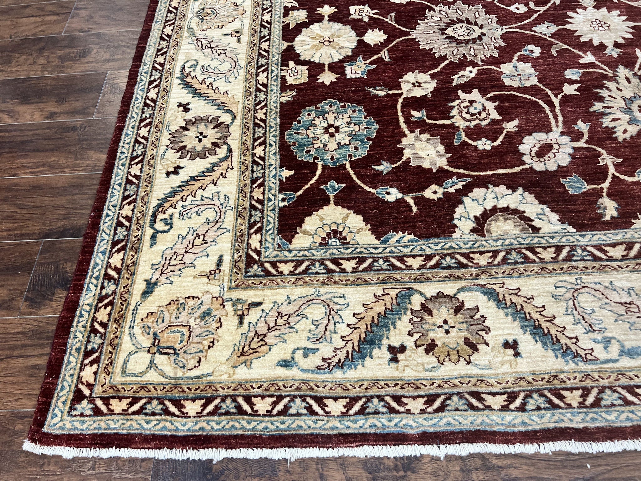 Peshawar Rug 9x11, Pakistani Oriental Carpet, Maroon and Beige, Floral Allover, Wool Hand Knotted Handmade Vintage Rug by Jewel Rugs