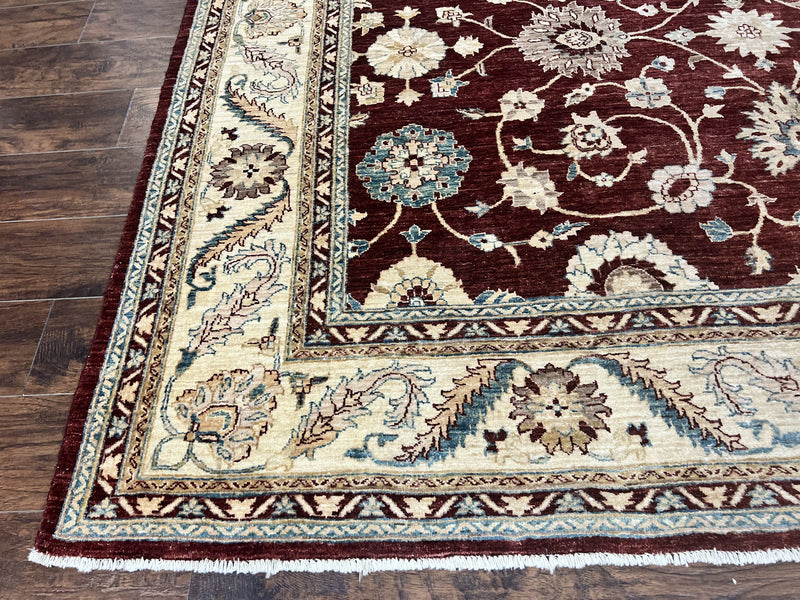 Peshawar Rug 9x11, Pakistani Oriental Carpet, Maroon and Beige, Floral Allover, Wool Hand Knotted Handmade Vintage Rug by Jewel Rugs