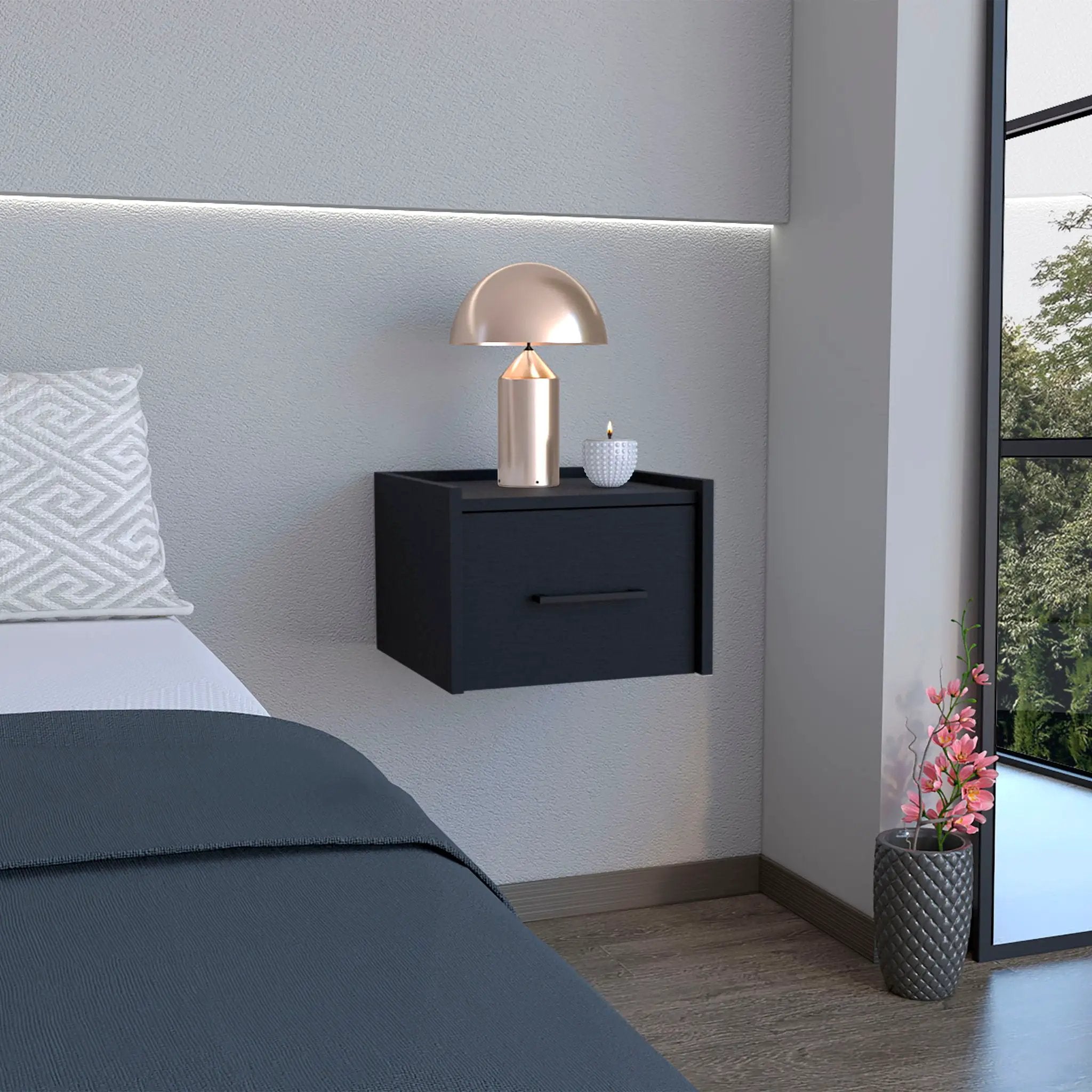 Floating Nightstand, Space Saving Design With Handy Drawer And Surface - Black by Unique Piece Furniture