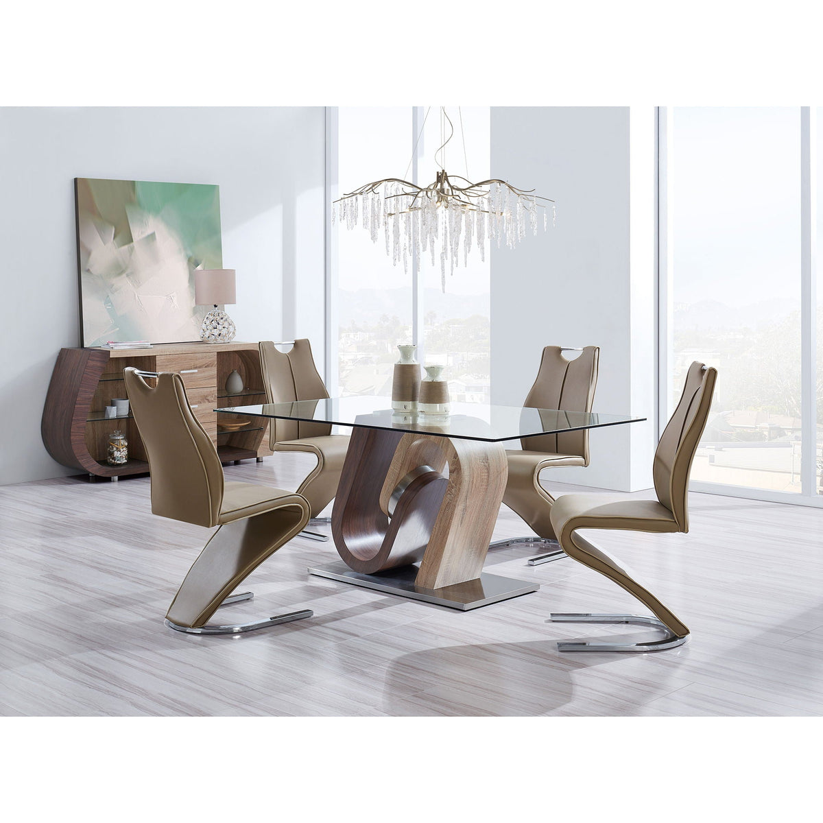 Oak & Walnut Dining Table with Stainless Steel Base - Brown / Beige, photo 5 of 7