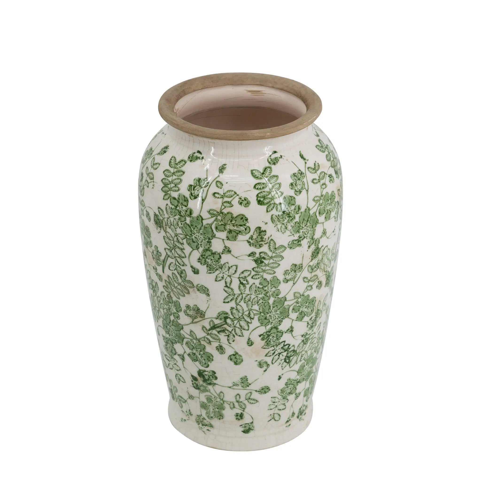 6.5x6.5x11.6 White Ceramic Flower Vase with Green Floral Pattern by HouseOfZazla