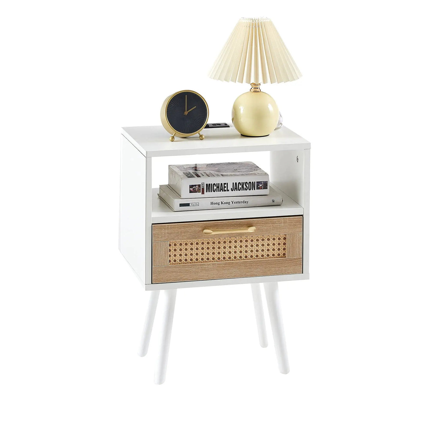 15.75" Rattan End Table With Power Outlet & USB Ports, Modern Nightstand With Drawer And Solid Wood Legs, Side Table For Living Room, Bedroom by Unique Piece Furniture