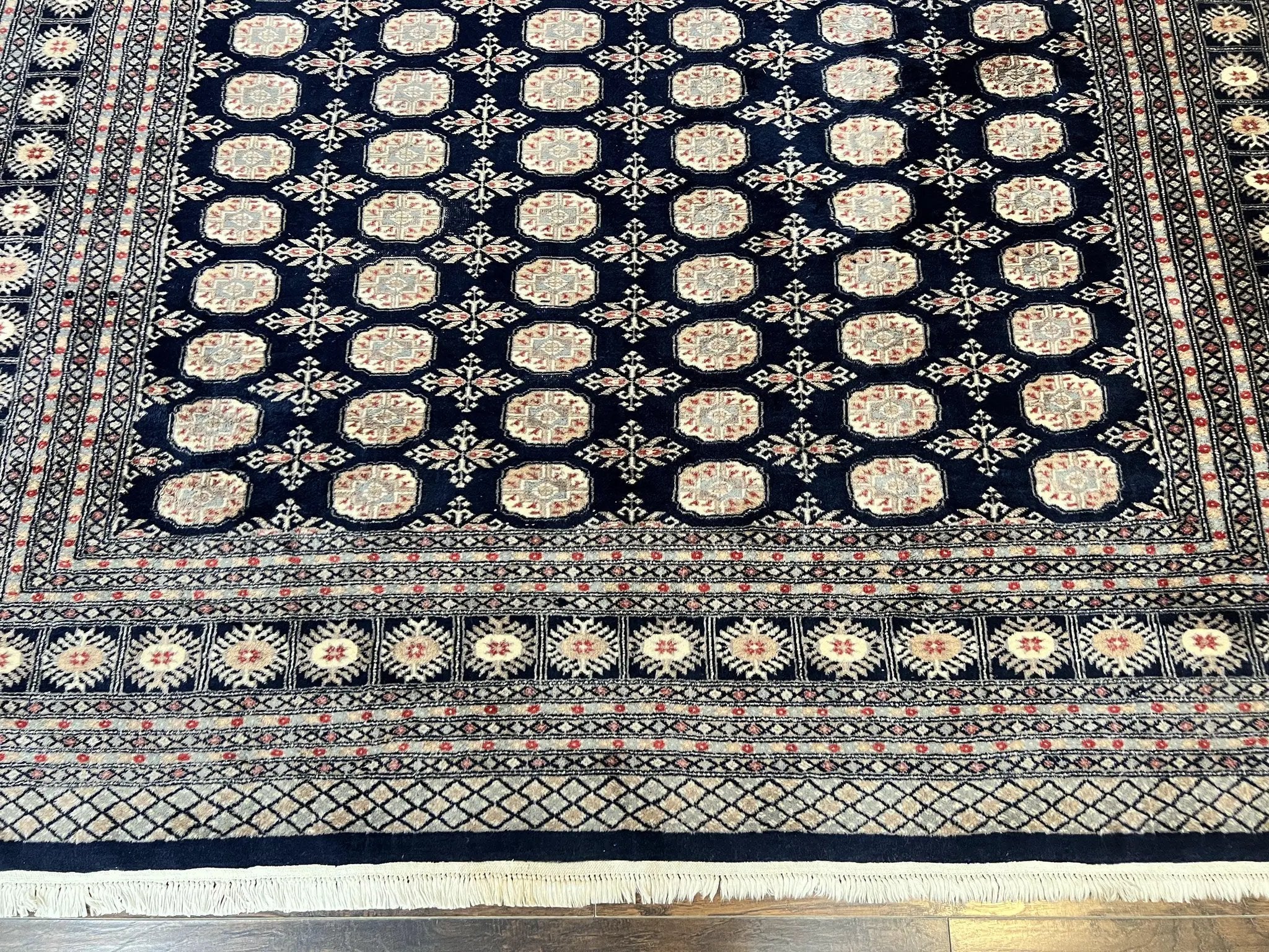 Pakistani Bokhara Rug 8x10, Turkoman Carpet, Dark Blue and Beige, Vintage Handmade Wool Carpet by Jewel Rugs
