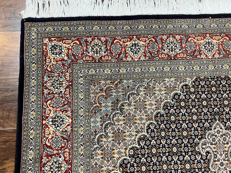 Persian Tabriz Rug 5x7, Wool with Silk Highlights, Hand Knotted Vintage Oriental Carpet, Very Fine, Herati Mahi Pattern, Black, Rare by Jewel Rugs