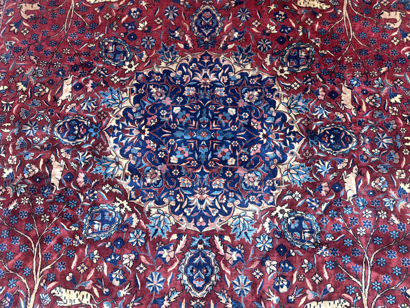 Antique Indo Persian Kerman Rug 9x12 Red Manchester Wool Animal Pictorials, Fine 290 KPSI by Jewel Rugs
