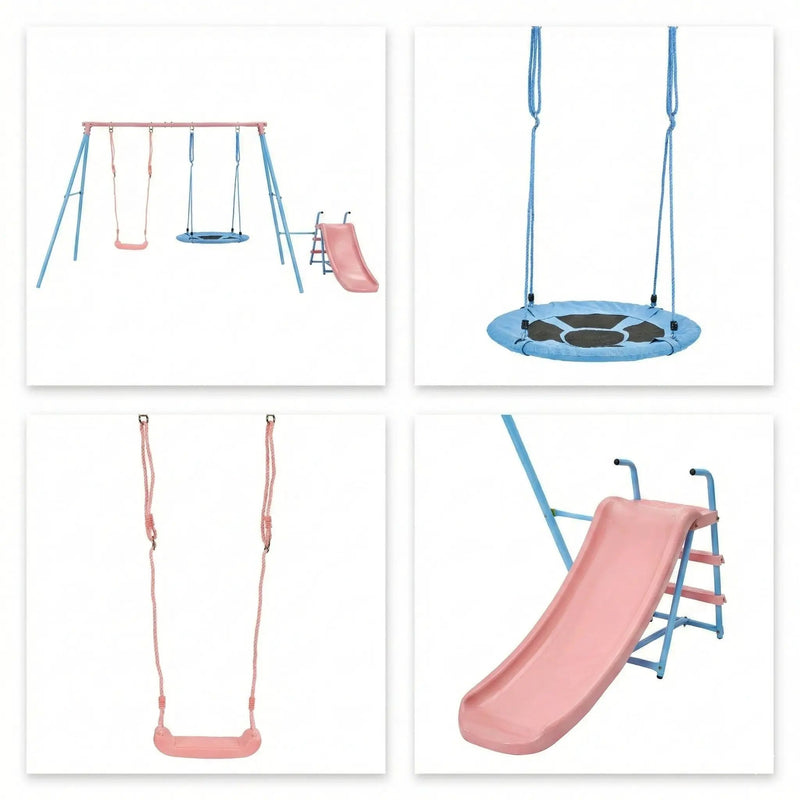 Xns107 - 2 Swing Set With Slide For Outdoor - Blue / Pink by HouseOfZazla