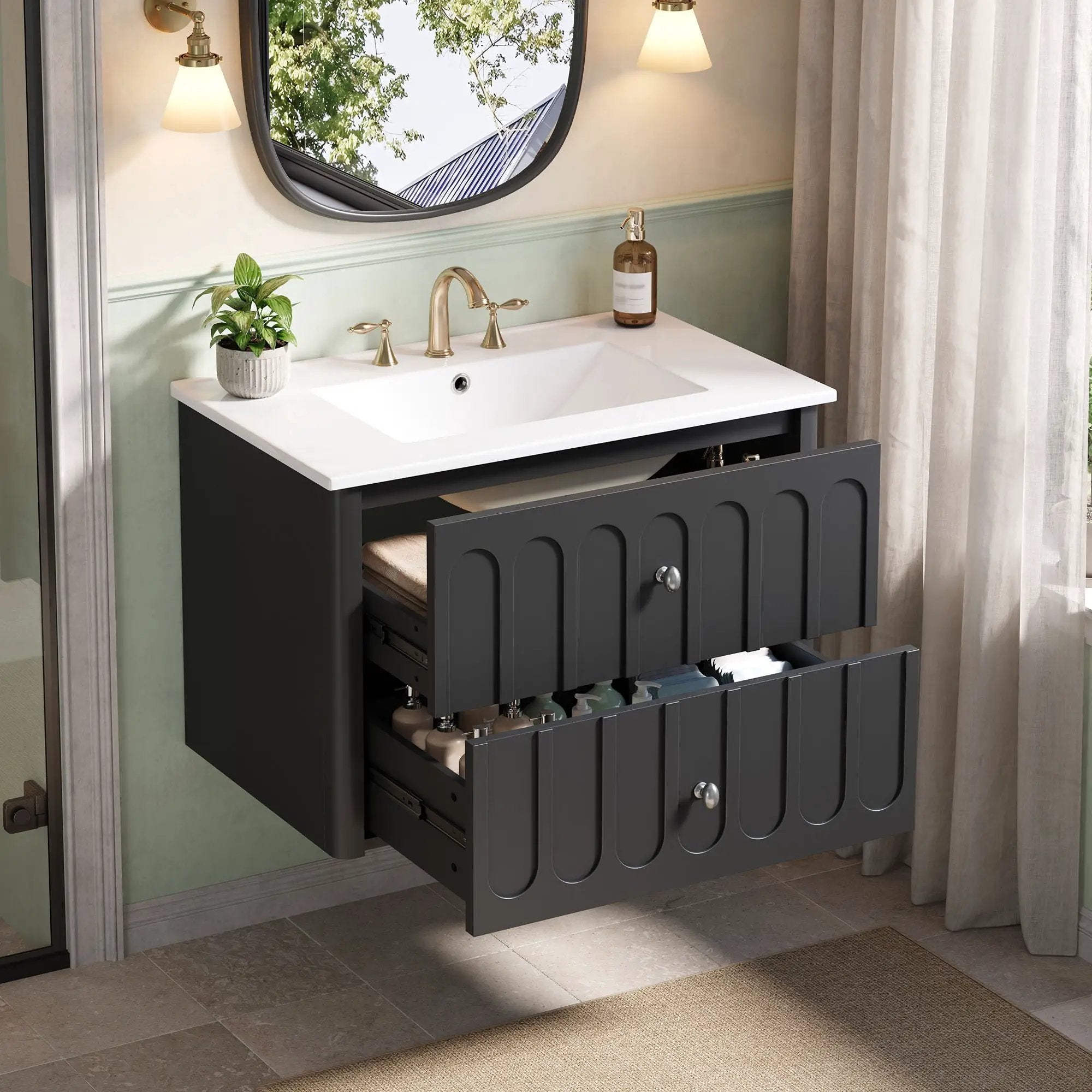 Floating Bathroom Vanity With Oval Knobs & Round Edge, Soft Close Drawer Slides by Unique Piece Furniture
