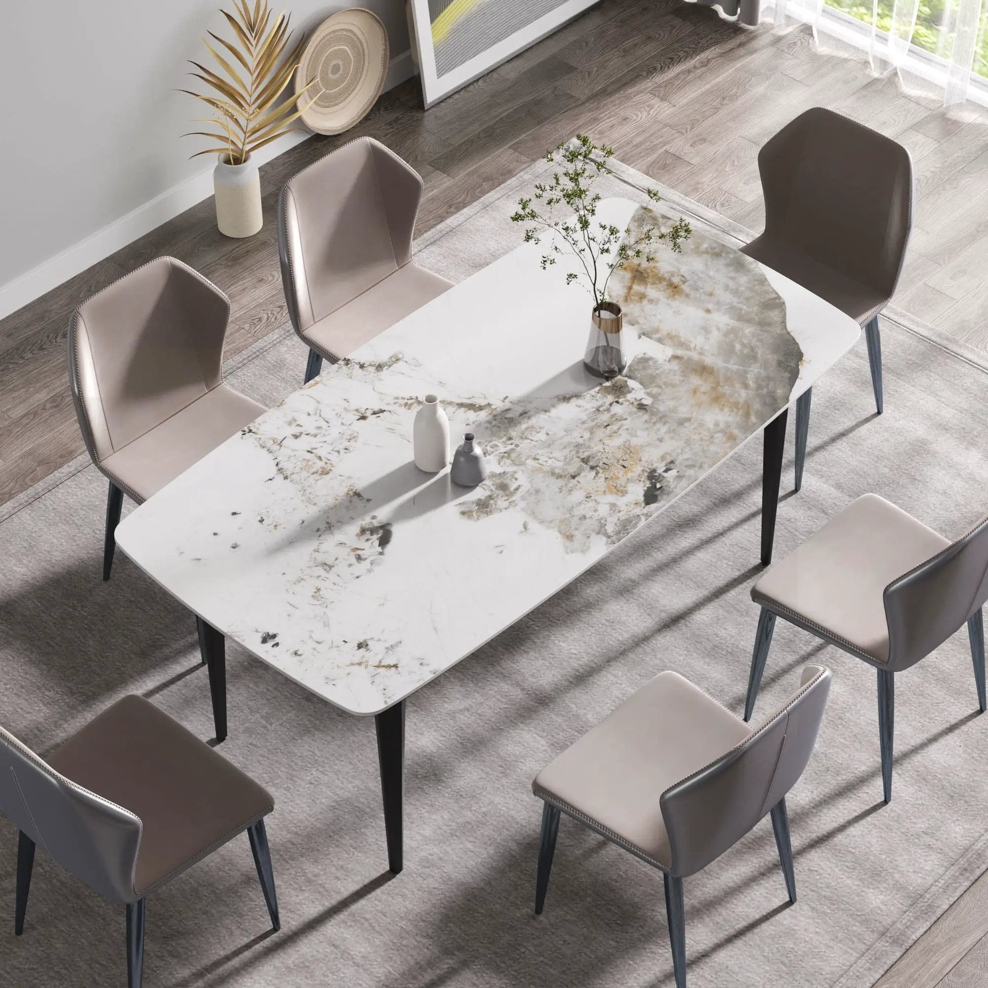 70.87" Modern Artificial Stone Pandora White Curved Black Metal Leg Dining Table - Antique White by Unique Piece Furniture