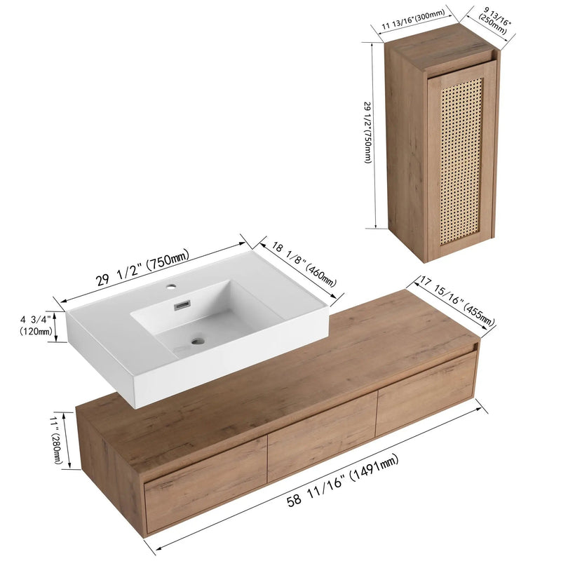 Modern Imitative Wall Mounted Bathroom Vanity With Resin Sink And Side Cabinet by HouseOfZazla