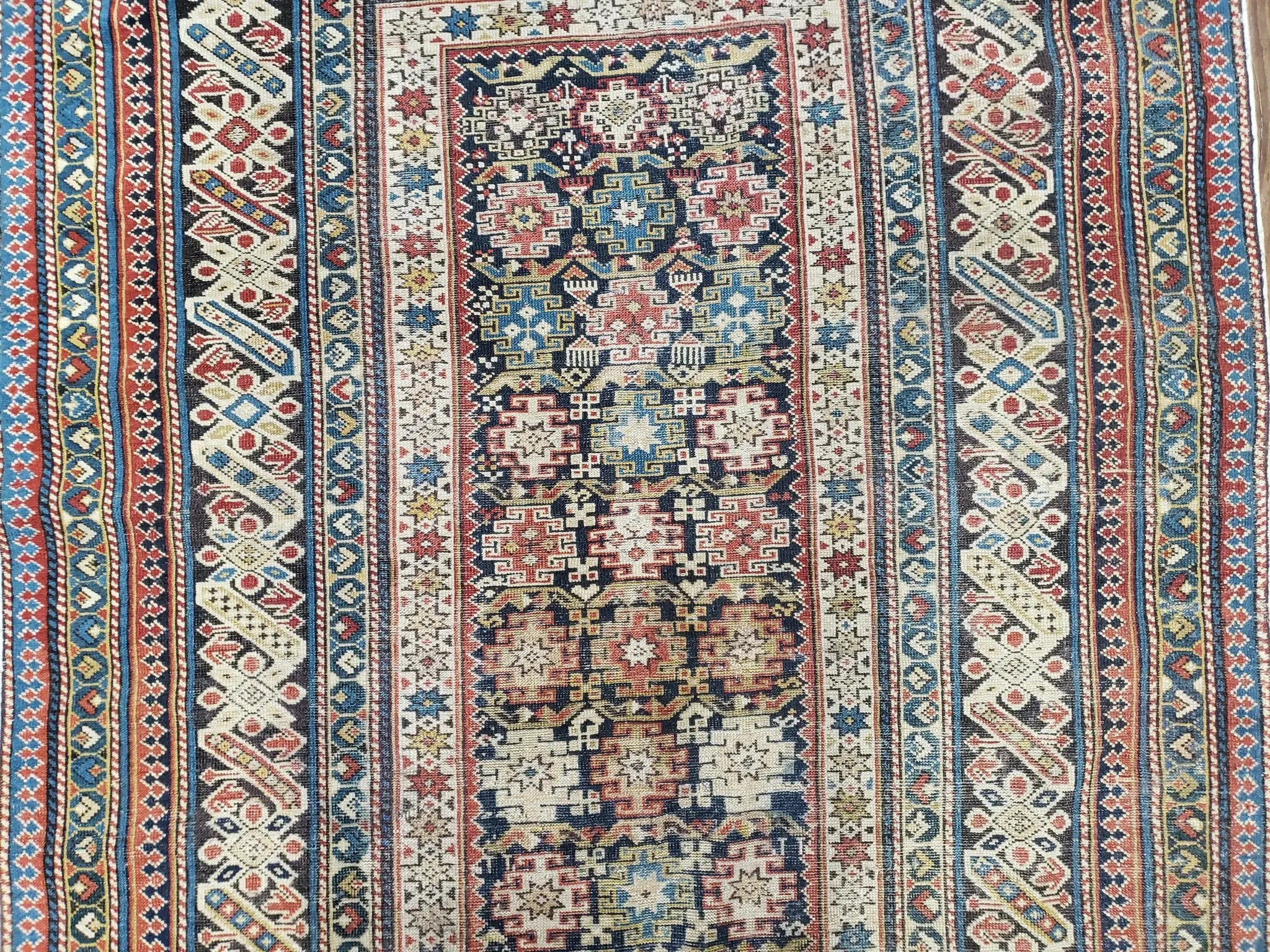 Caucasian Rug 3'9" x 5'7", Antique 1920s Collectible Caucasian Chi Chi Carpet, Hand Knotted, Colorful, Dark Blue Cream Red, Wool, Small Rug by Jewel Rugs
