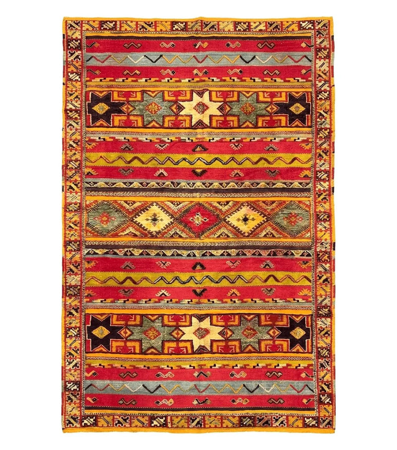 Unique Moroccan Rug 7x10, Room Sized Carpet, Red Orange Gray, Wool Oriental Striped Geometric Tribal Boho Rug, Flatweave with Raised Pile by Jewel Rugs
