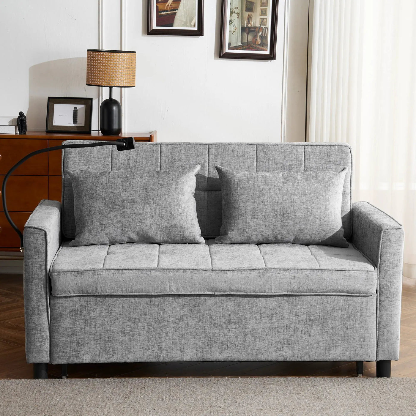 Pull-Out Sleeper Sofa With Reversible Backrest Cushion, Side Pockets, 2 USB Ports And A Phone Holder For Living Room by HouseOfZazla