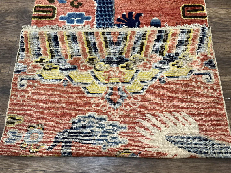 Rare Chinese Ningxia Pillar Rug 3x8, Late Qing Dynasty, 5 Clawed Dragon, Cloud Rainbow Border, Collectible Antique Carpet, Wool Hand Knotted by Jewel Rugs