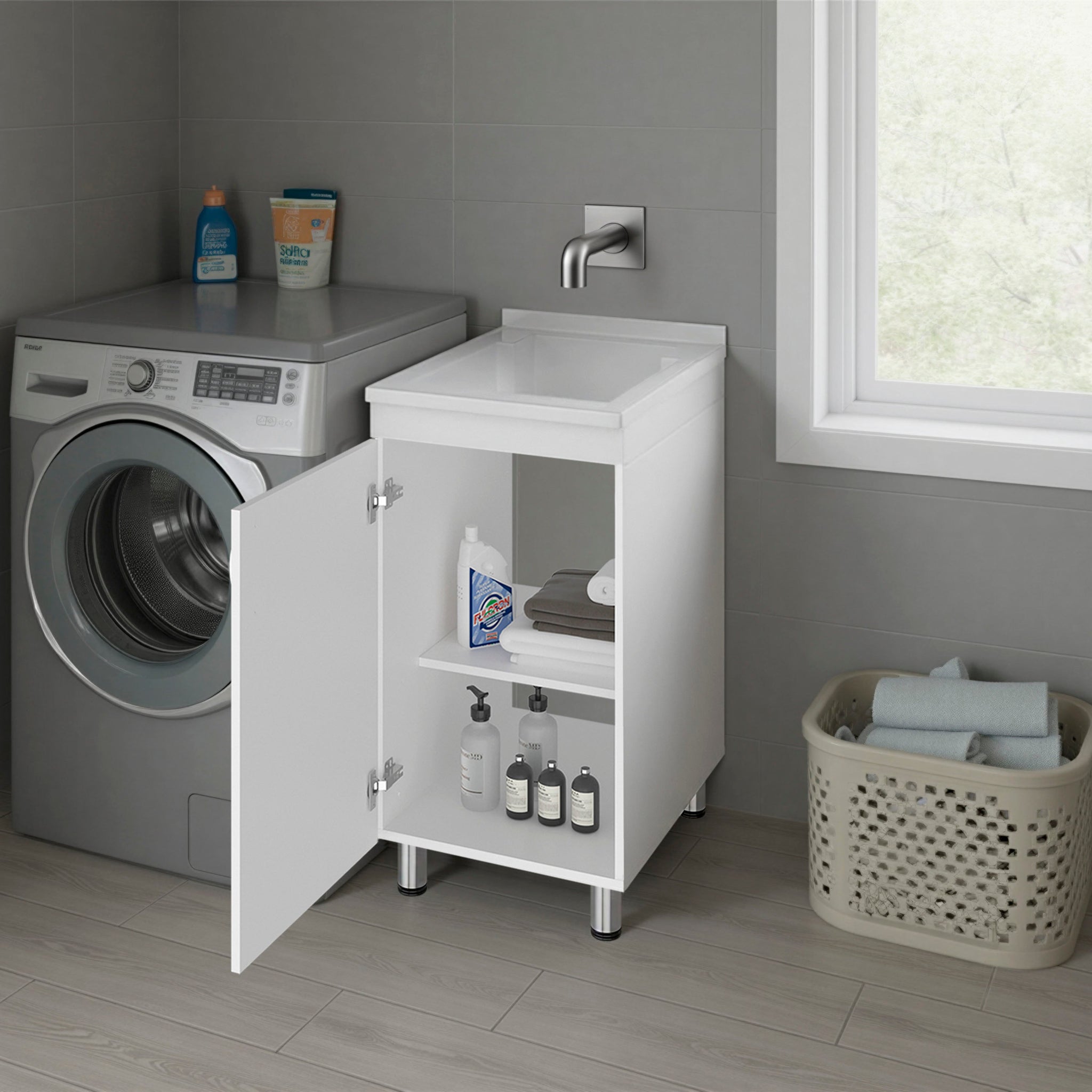 Slee Compact Utility Sink Cabinet with Storage and Metal Legs for Laundry Room by HouseOfZazla