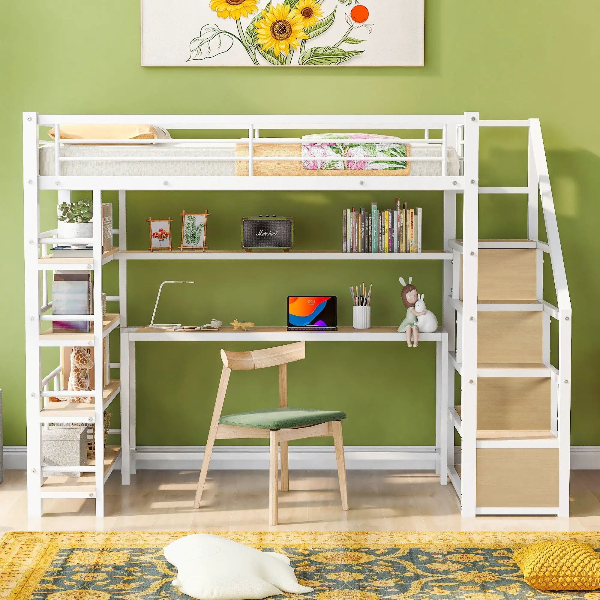 Twin Size Loft Bed With Built In Desk, Staircase Storage & 4 Tier Shelves - White by Unique Piece Furniture