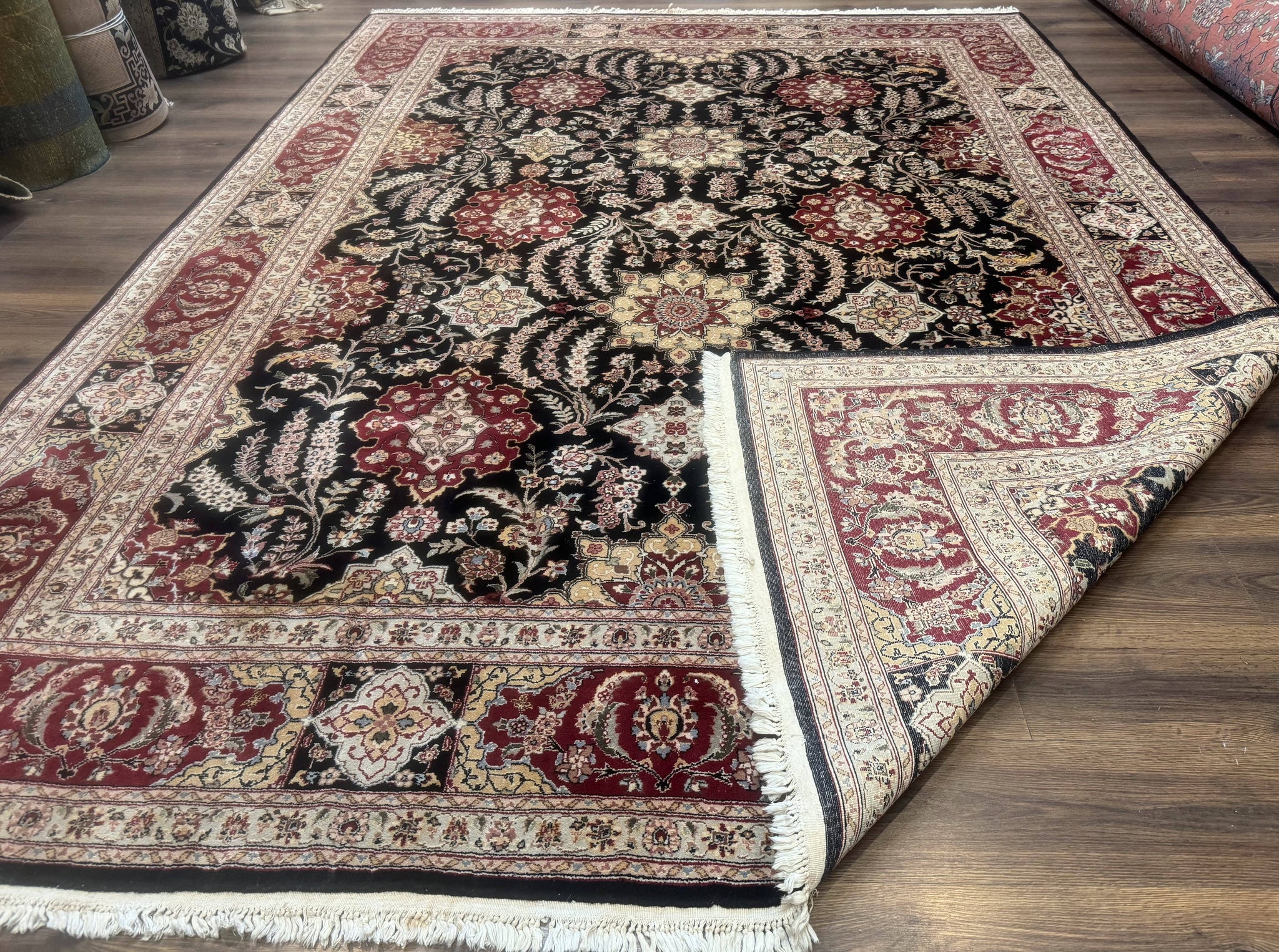 Sino Persian Rug 9x12, Black & Maroon, Wool and Silk, Allover Pattern by Jewel Rugs