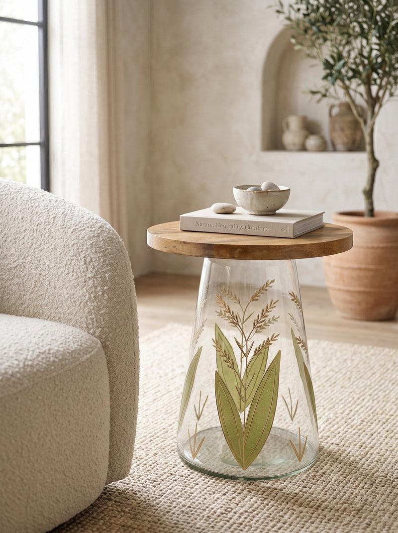 Round Glass Side Table with Hand-Painted Glass Base and Wood Top