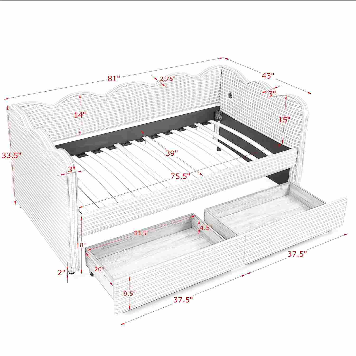 Gingham Daybed With USB Charging Port, Wave-Shaped Design by Unique Piece Furniture