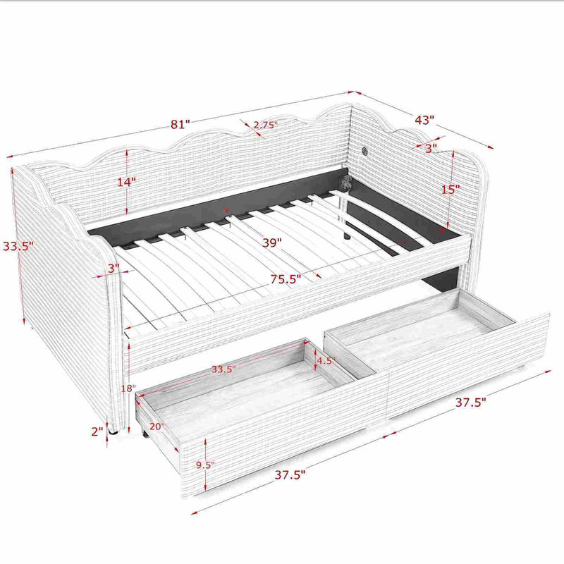 Gingham Daybed With USB Charging Port, Wave-Shaped Design by Unique Piece Furniture