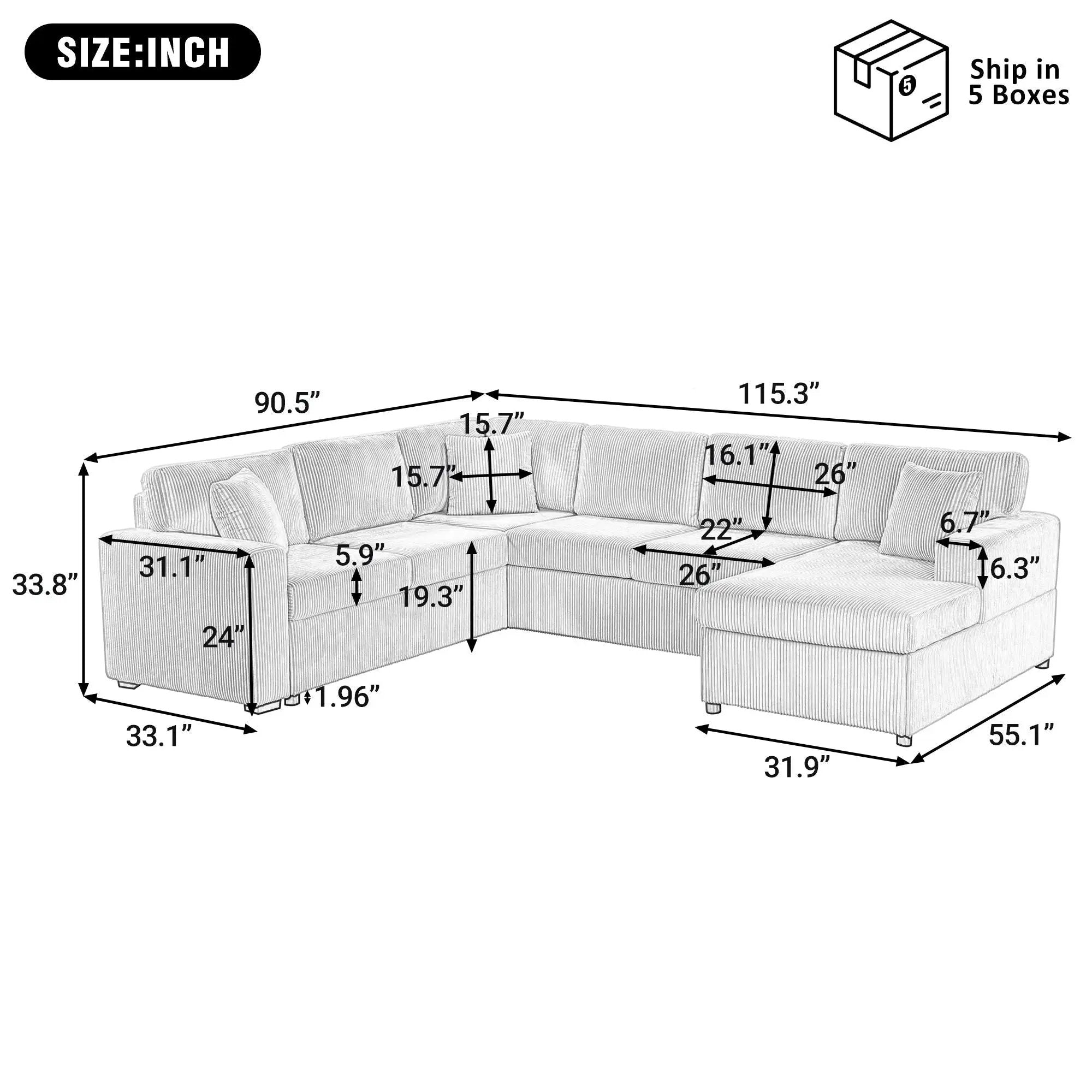 Oversized Sectional U-Shaped Sofa With Chaise Lounge And Three Soft Throw Pillows by Unique Piece Furniture