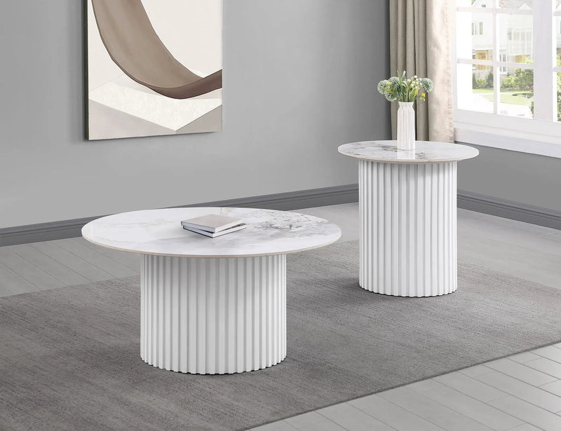 Rowena Round Sintered Stone End Table White Faux Marble by Unique Piece Furniture