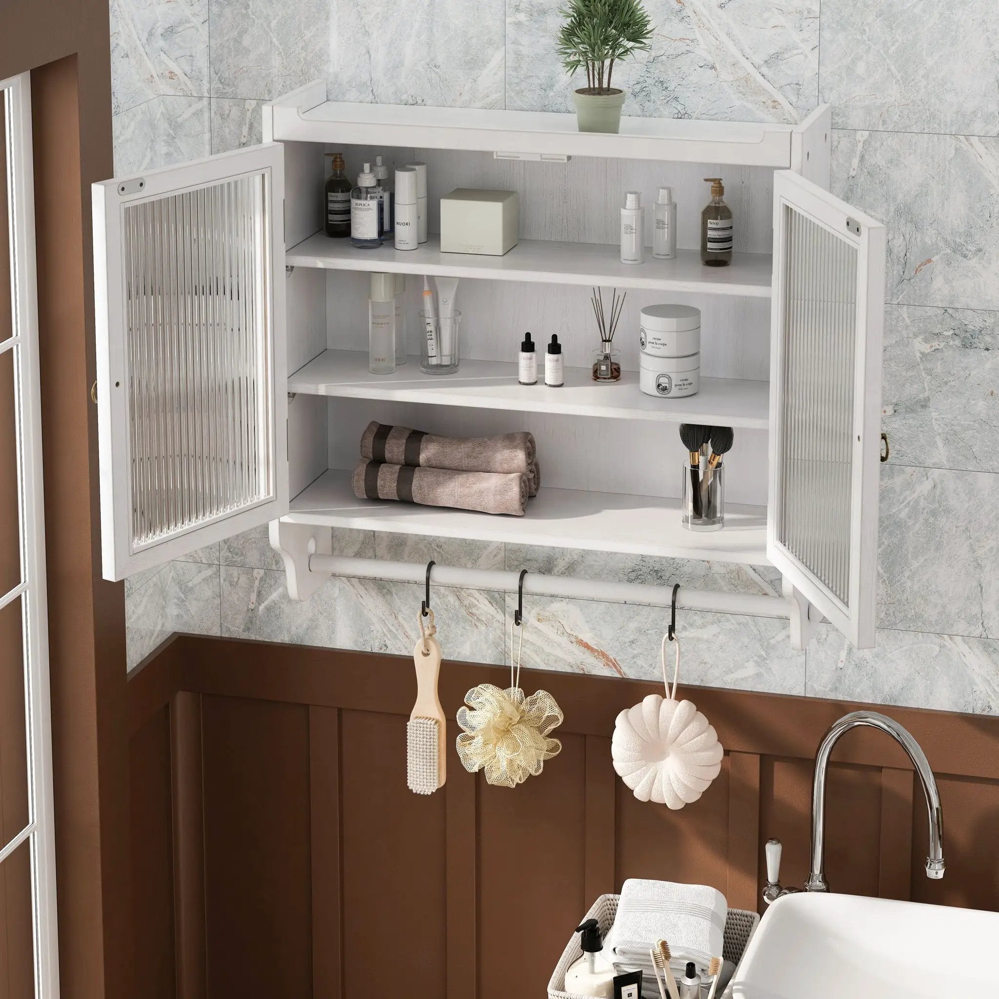Vintage Double Door Wall Cabinet With Three Tiers Storage And Towel Rack - White Washed by Unique Piece Furniture