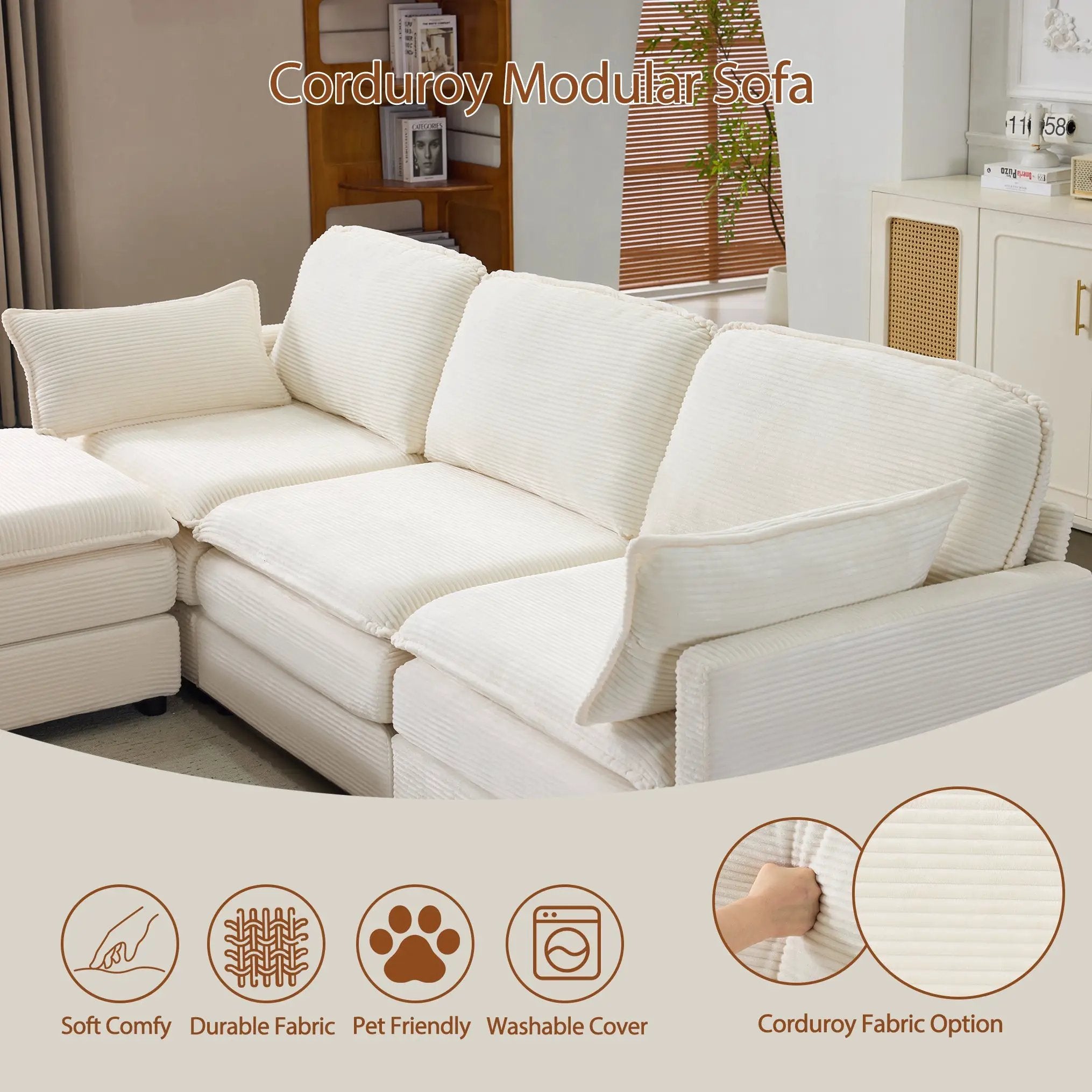 104" Plush Cloud 3 Seater Sofa: Modular Design with Ottoman by HouseOfZazla