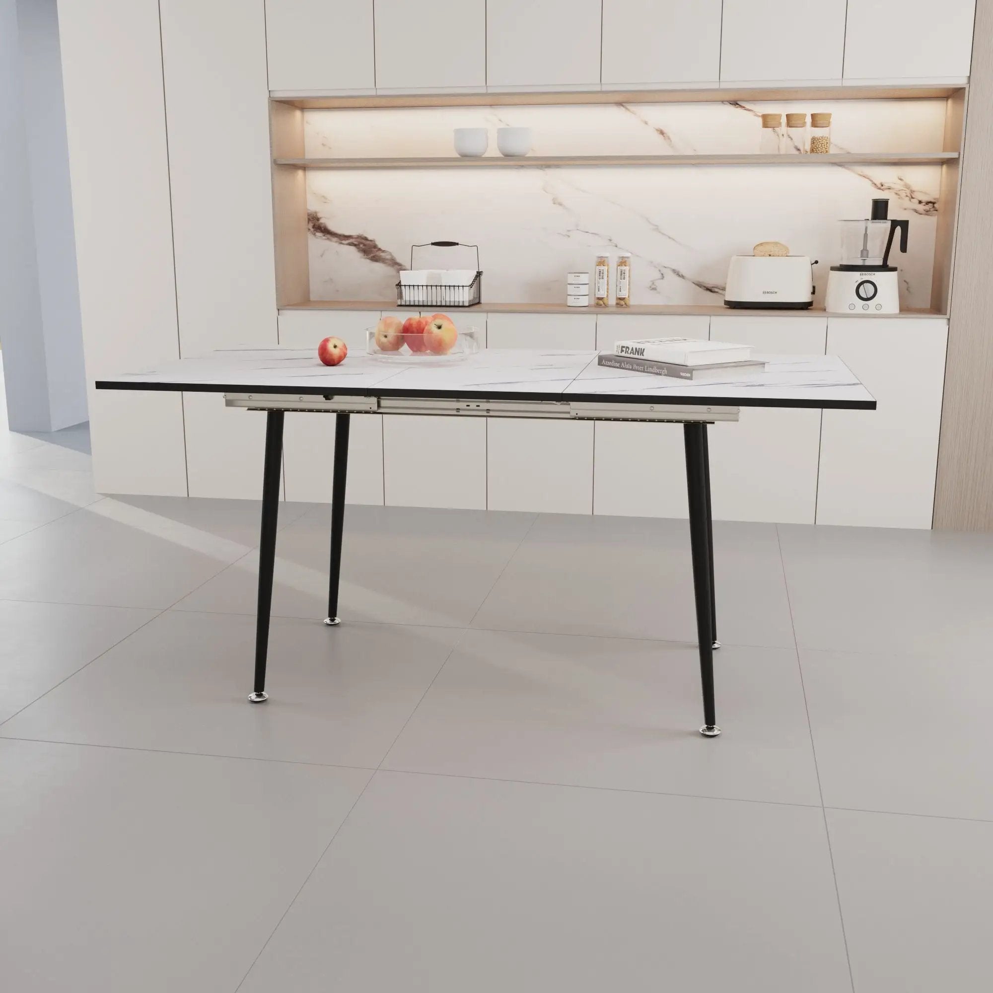 Modern Industrial Expandable Dining Table 47" To With Marble Pattern Top And Metal Legs - White by Unique Piece Furniture