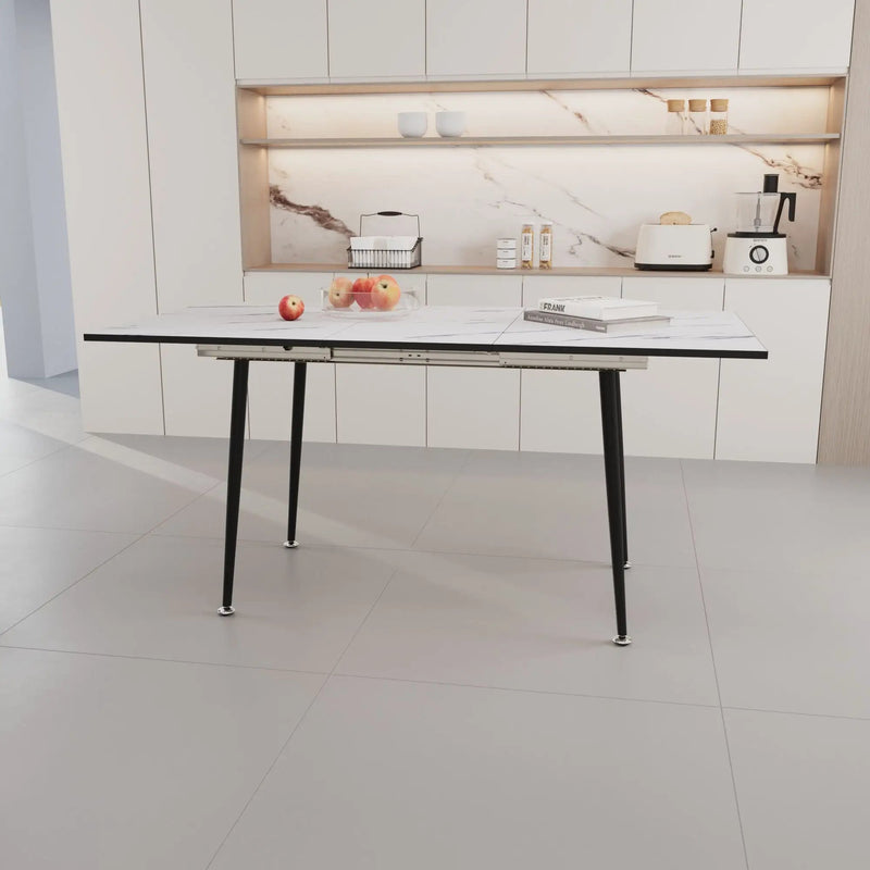 Modern Industrial Expandable Dining Table 47" To With Marble Pattern Top And Metal Legs - White by HouseOfZazla