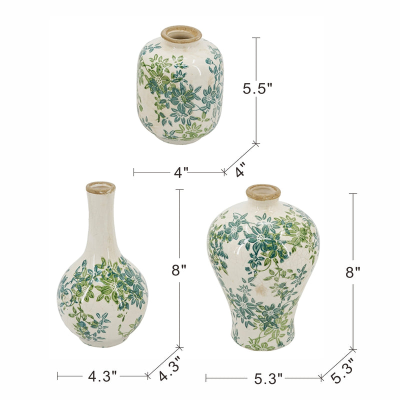 Set of 3 Floral Ceramic Vases with Crackled Ivory Finish - Green Floral Design, photo 8 of 8
