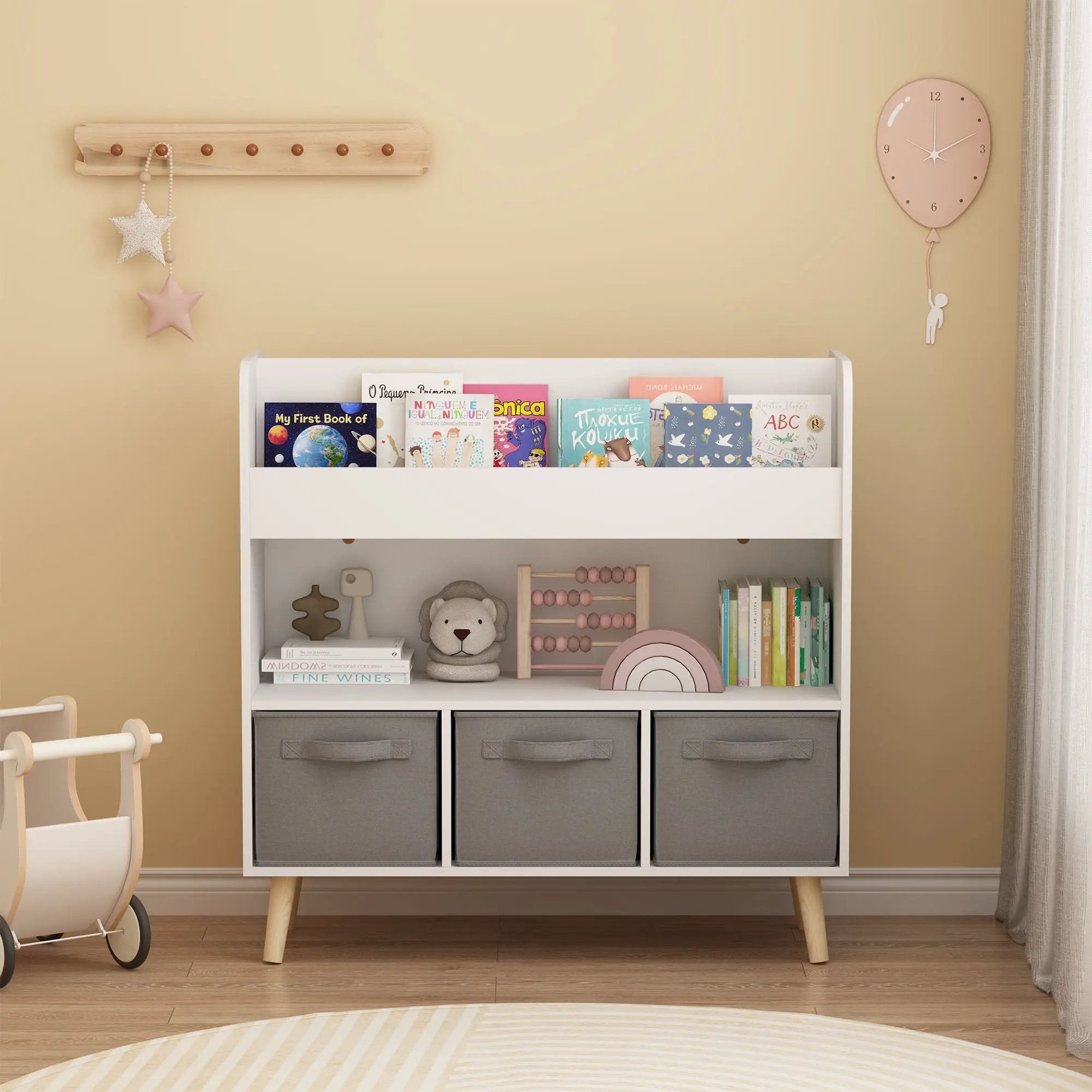 Bookshelf With 3 Bins, Storage Shelf For Toys And Books - White by HouseOfZazla