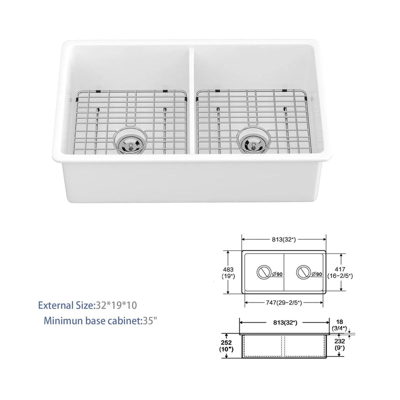 Elegant Dual Mount 32" Undermount Double Bowl Ceramic Kitchen Sink - White by HouseOfZazla