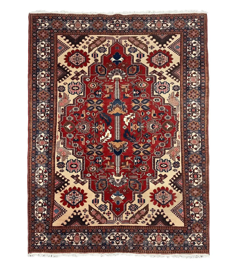 Antique Persian Heriz Rug 8x12 ft, Geometric Tribal Room Sized Carpet, Camel Hair Red Navy Blue, Wool Hand Knotted Medallion Oriental Carpet by Jewel Rugs