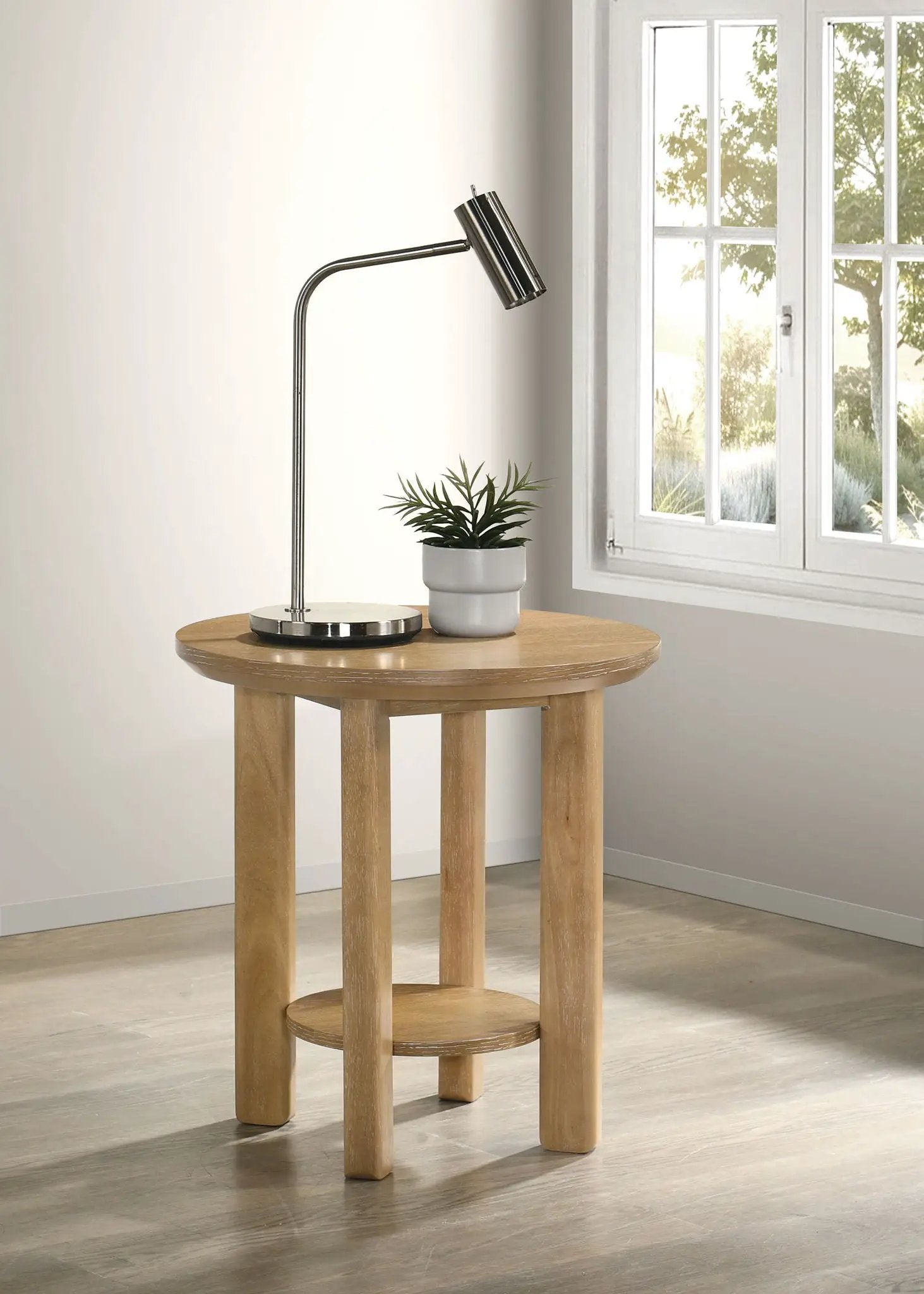 Ottowa Round Wood Side End Table with Shelf Light Oak by Unique Piece Furniture