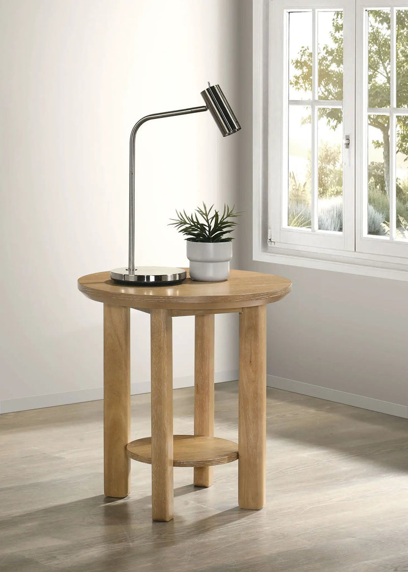 Ottowa Round Wood Side End Table with Shelf Light Oak by Unique Piece Furniture