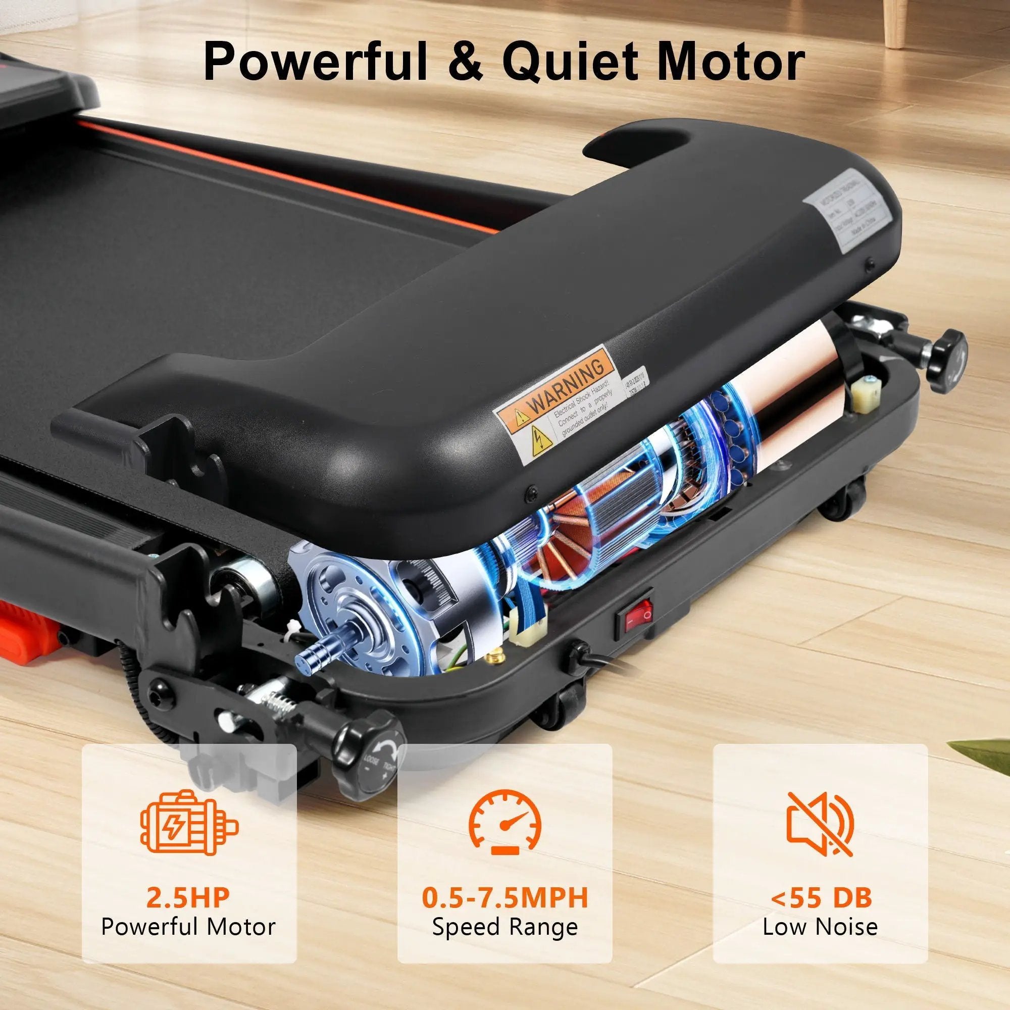 2.5Hp Quiet Folding Treadmill With Heart Rate Sensor, 300Lbs Weight Capacity, With USB Charge Station For Android & Bluetooth Speaker, 6 Shock Absorbing - Black by HouseOfZazla