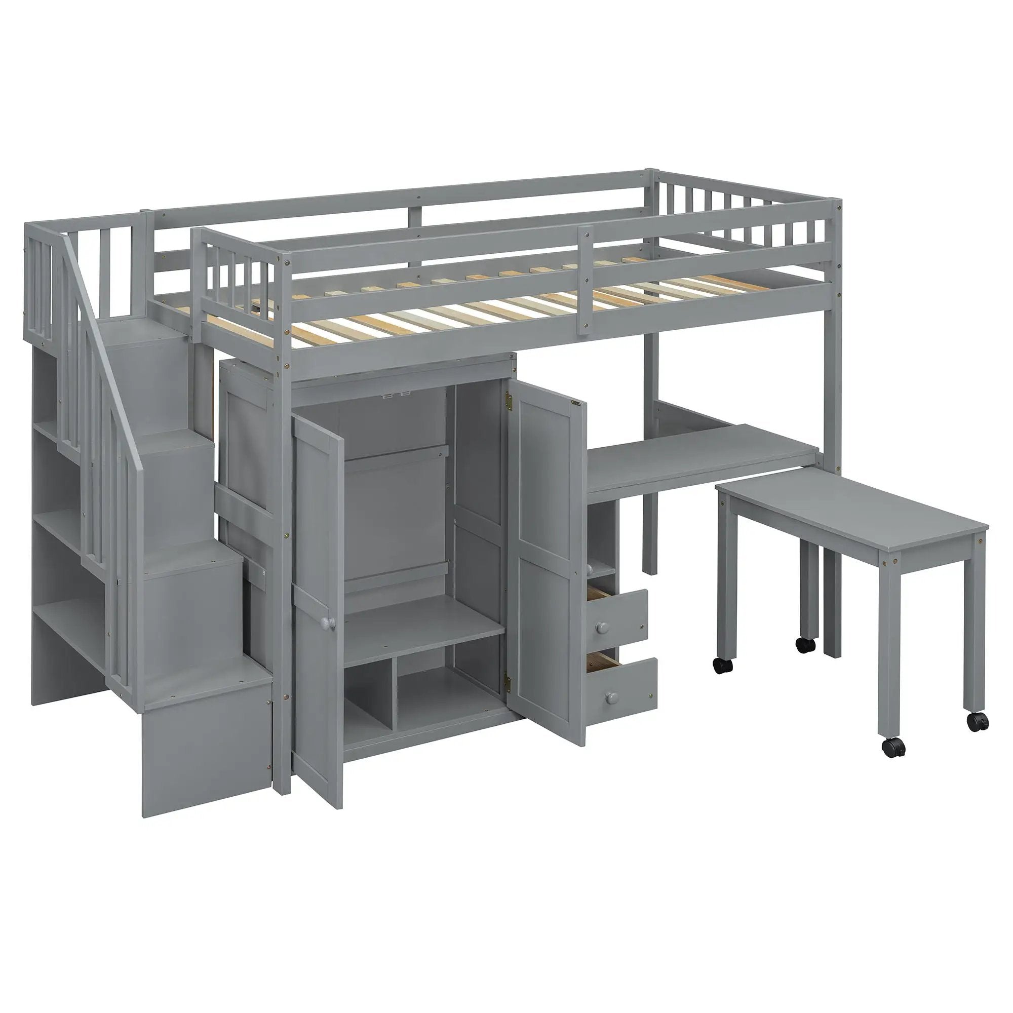 Loft Bed With Stairs, Bookshelf, Drawers, Desk & Wardrobe, Space Saving Multifunctional Furniture by HouseOfZazla