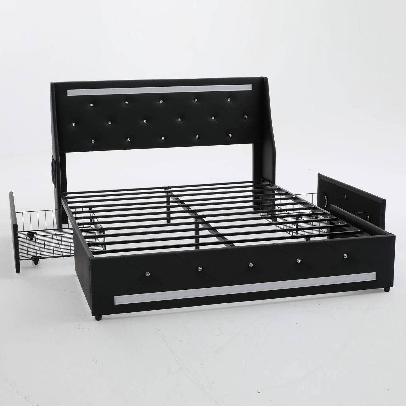 Wingback Upholstered Bed Frame With LED Lights, Charging Station by HouseOfZazla