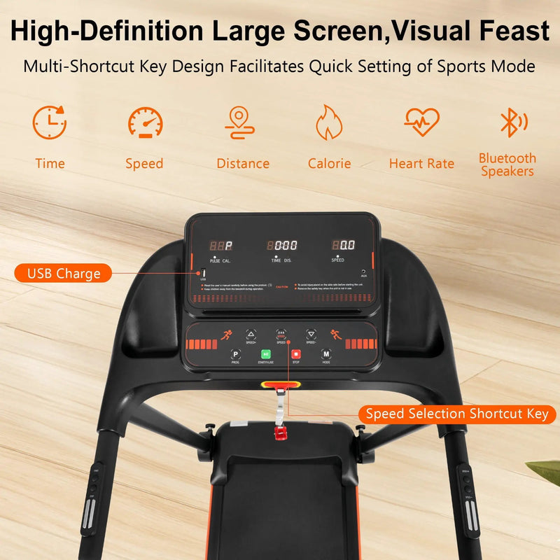 2.5Hp Quiet Folding Treadmill With Heart Rate Sensor, 300Lbs Weight Capacity, With USB Charge Station For Android & Bluetooth Speaker, 6 Shock Absorbing - Black by HouseOfZazla