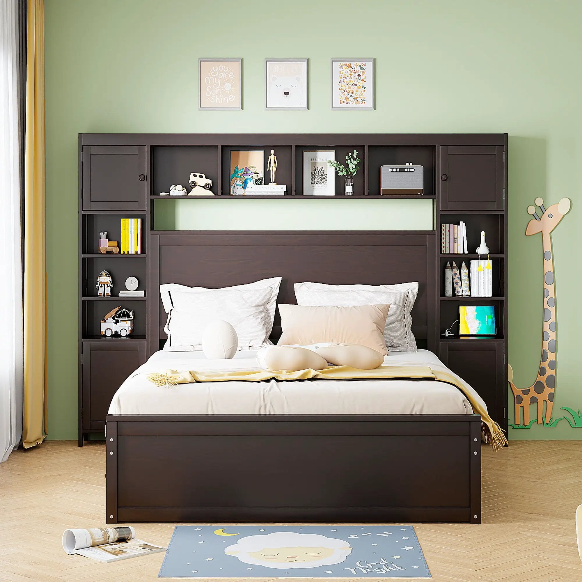 Bed With All In One Cabinet, Shelf And Sockets, Twin Long Trundle by Unique Piece Furniture