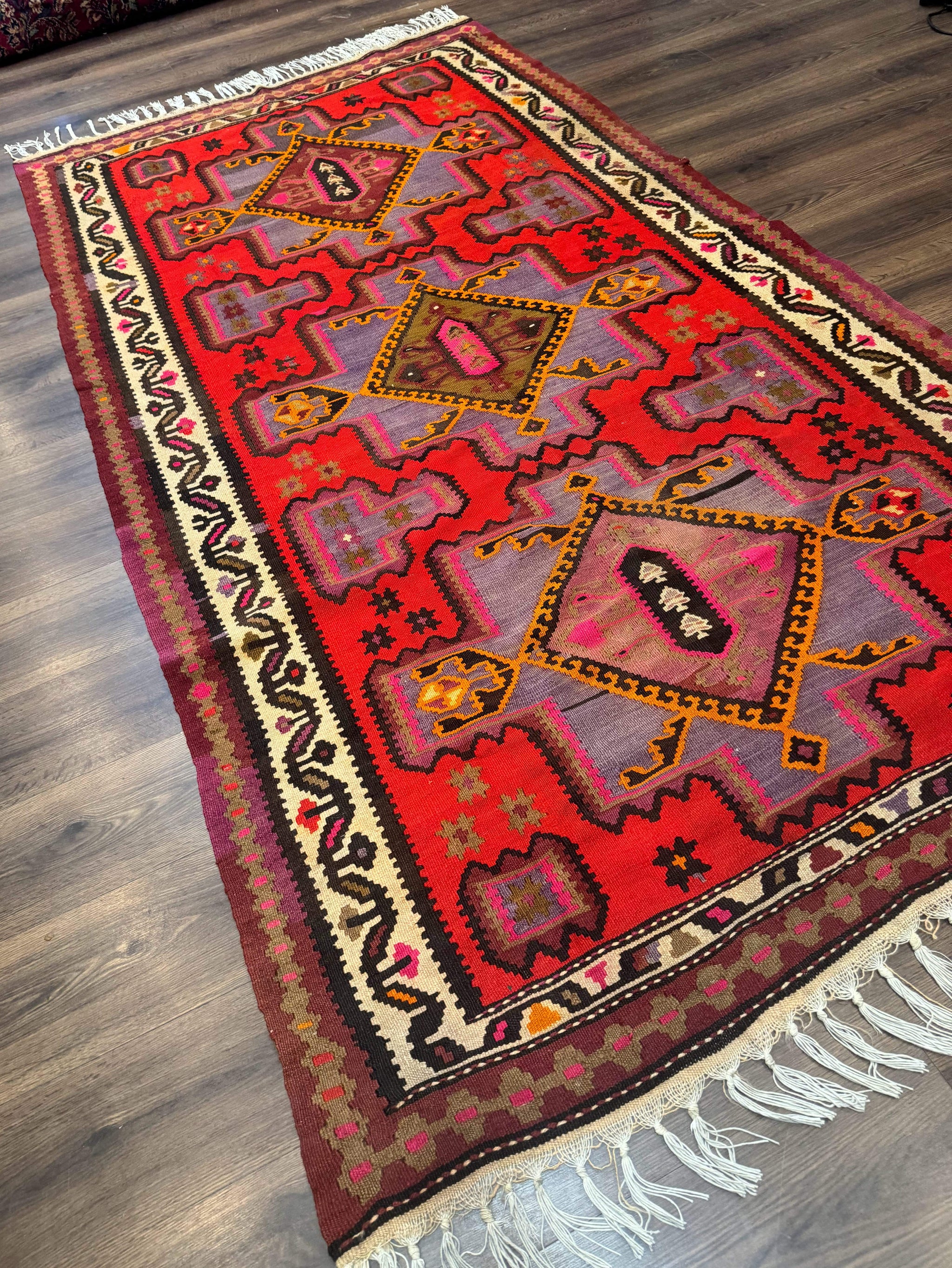 Persian Kurdish Zarand Kilim Rug 5x9, Red, Geometric Medallions, Wide Runner by Jewel Rugs