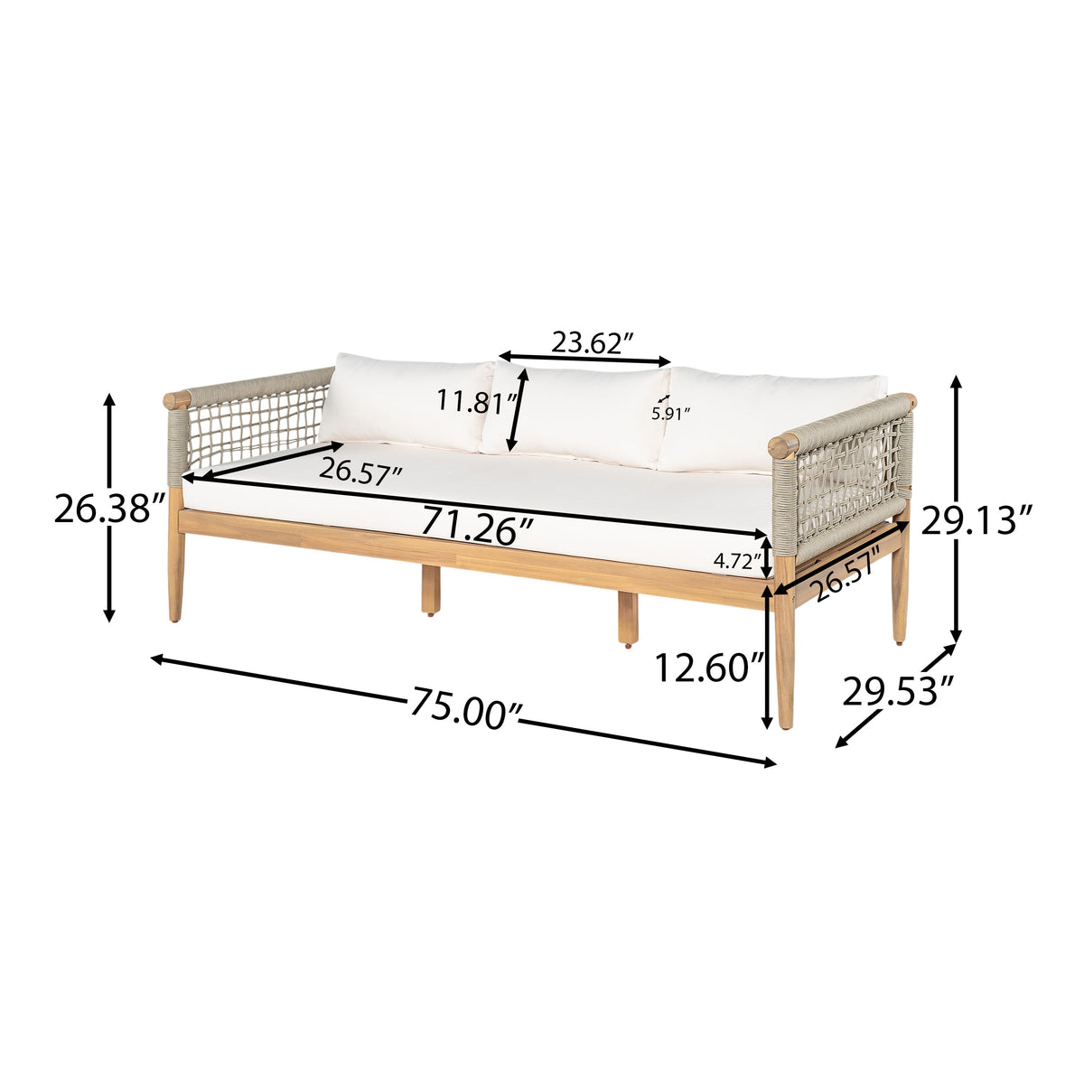 Outdoor Acacia Wood 3-Seater Sofa with Rope Woven Arms - Taupe, photo 3 of 10