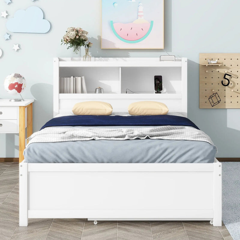 Full Size Platform Bed With Trundle, Drawers, USB Ports And Built In Shelves - White by HouseOfZazla