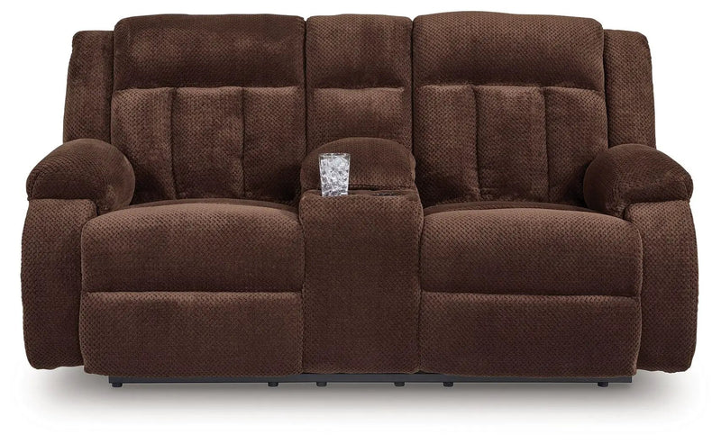 Free Wake - Double Relcining Power Loveseat With Console - Chocolate by Unique Piece Furniture